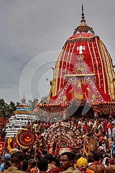 Goddess SubhadraÃ¢â¬â¢s Chariotthe smallest of the chariots canopy color : black and red in Jagannath Rath Yatra puri Orissa