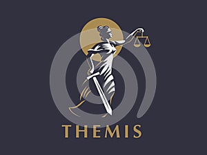 The goddess Themis with a sword of justice and weights in her hands