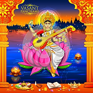 Goddess of Wisdom Saraswati for Vasant Panchami India festival background