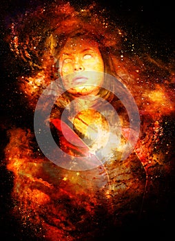 Goddess Woman in Cosmic space. Cosmic Space background. eye contact. Fire effect.