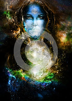 goddess woman and symbol Yin Yang in cosmic space.