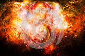 Goddess woman and symbol Yin Yang in cosmic space. Fire effect.