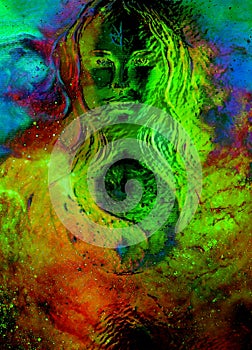 goddess woman and symbol Yin Yang in cosmic space. Glass effect.