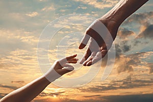 Godparent with child and beautiful sky with clouds at sunset on background, closeup photo