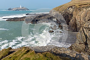 Godrevy lighthouse and island St Ives Bay Cornwall coast England UK