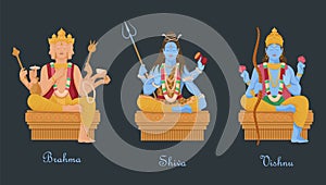 Gods of hinduism vishnu, shiva, brahma. Three main hindu deities creators of universe. photo