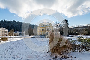 Goethe Square with Catholic Church in winter - Marianske Lazne