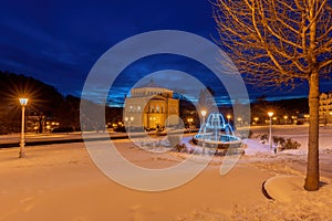 Goethe Square in Marianske Lazne (Marienbad) under snow - winter evening