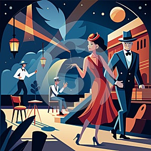 Going back in time and competing in a 1920s speakeasy setting with jazz music and flapper dresses.. Vector illustration. photo