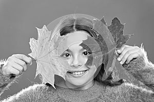 Going crazy. autumn kid fashion. Weather change. happy small girl with maple leaf. fall season. fallen leaves bunch