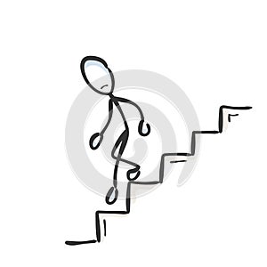 Going down the stairs. Unsuccessful sad man. Descend staircase. Hand drawn. Stickman cartoon. Doodle sketch, Vector graphic