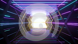 Going forward in dark spaceship tunnel with glowing lines, 3d rendering