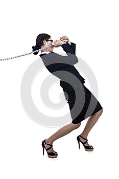 Going further-businesswoman pulling chain