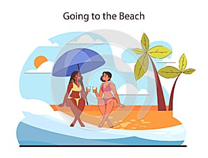 Going to the Beach concept. Friends sharing a sunny beach day under an umbrella.