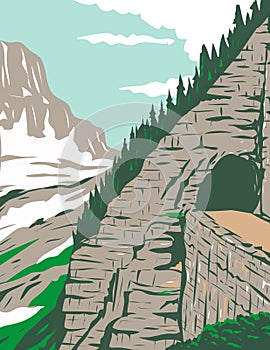 Going-to-the-Sun Road in Eastside tunnel and Mt. Reynolds Glacier National Park Montana United States WPA Poster Art photo