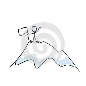 Going up the mountain. Successful achievement of a proud man. Ascend mountain peak. Standing on top of the world. Hand drawn.