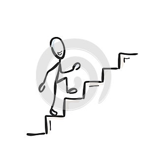 Going up the stairs. Successful proud and happy man. Ascend staircase. Hand drawn. Stickman cartoon. Doodle sketch, Vector graphic photo