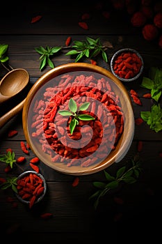 Goji banner. Bowl full of goji berries. Close-up food photography background