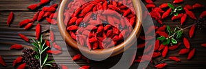 Goji banner. Bowl full of goji berries. Close-up food photography background