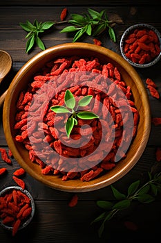 Goji banner. Bowl full of goji berries. Close-up food photography background