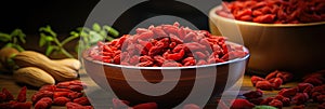 Goji banner. Bowl full of goji berries. Close-up food photography background