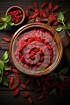 Goji banner. Bowl full of goji berries. Close-up food photography background