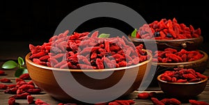 Goji banner. Bowl full of goji berries. Close-up food photography background