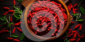 Goji banner. Bowl full of goji berries. Close-up food photography background