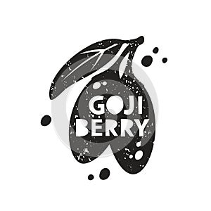 Goji berry grunge sticker. Black texture silhouette with lettering inside. Imitation of stamp, print with scuffs