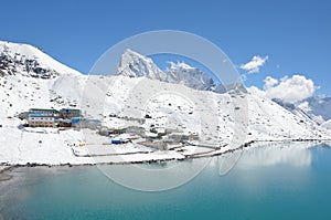 Gokio lake in Nepal in sunny day photo