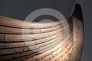 Gokstad ship excavated from ship burial archeological site, exhibited in Viking Ship Museum on Bygdoy peninsula of Oslo, Norway