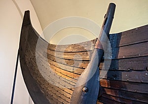 Gokstad ship excavated from ship burial archeological site, exhibited in Viking Ship Museum on Bygdoy peninsula of Oslo, Norway