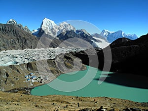 Gokyo lake and village in the Khumbu Himal at evening photo