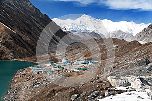 Gokyo lake and village with mount Cho Oyu