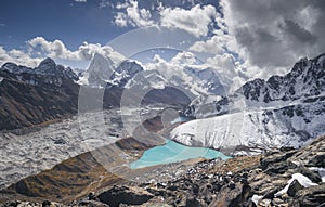 Gokyo village and lake Cholatse and Ngozumpa Glacier