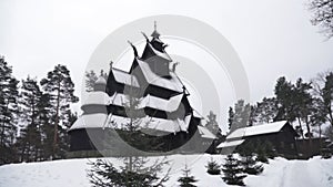 Gol Stave church in Oslo, Norway. Snowy weather