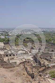 Golconda fort ruins contrasting with Hyderabad City