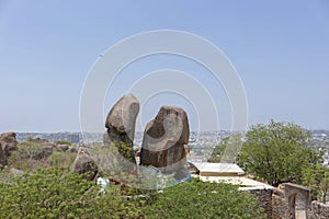 Golconda fort ruins contrasting with Hyderabad City