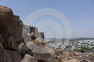 Golconda fort ruins contrasting with Hyderabad City