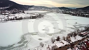 Golcuk odemis Lake drone view at winter time in Izmir Province of Turkey