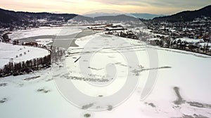 Golcuk odemis Lake drone view at winter time in Izmir Province of Turkey