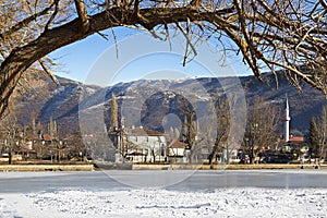 Golcuk village with its frozen lake in Odemis, Izmir, Turkey