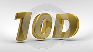 Gold 10D logo isolated on white background with reflection effect. 3d rendering.
