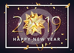 Gold 2019 Happy New Year celebration premium dark purple background with gift ribbon bow and glitter confetti decoration. Vector