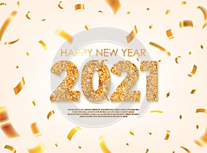 Gold 2021 Happy New Year Greeting with Scattered Gold Conffetis. Vector Illustration. Design element for flyers, leaflets, postcar