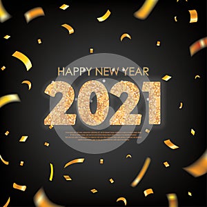 Gold 2021 Happy New Year Greeting with Scattered Gold Conffetis. Vector Illustration. Design element for flyers, leaflets, postcar