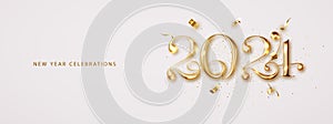 Gold 2024 Happy New Year elegant long banner with falling confetti on bright background. 2024 Golden 3d number, elegant