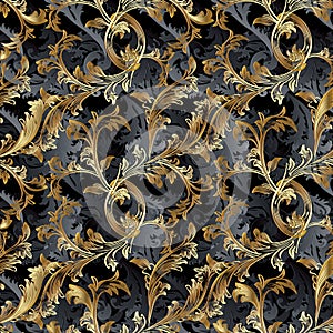 Gold 3d Baroque seamless pattern with shadows