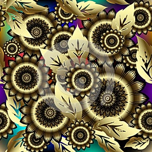 Gold 3d floral seamless pattern. Surface ornamental luxury vector background. Round abstract 3d gold sunflowers and leaves