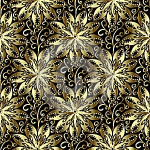 Gold 3d floral seamless pattern. Vector hand drawn vintage ornam